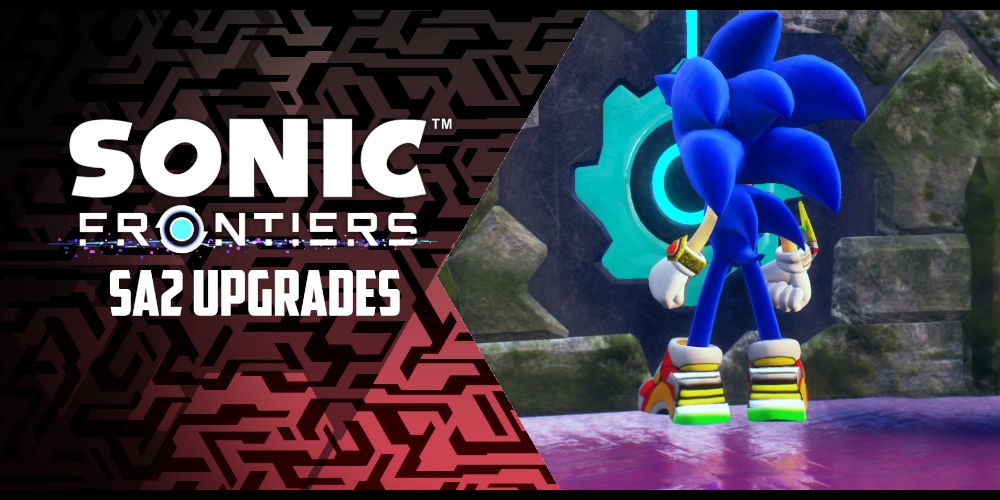 A back view of Sonic in his Sonic Adventure 2 gear. The text reads "Sonic Frontiers SA2 Upgrades." Image source: gamebanana.com