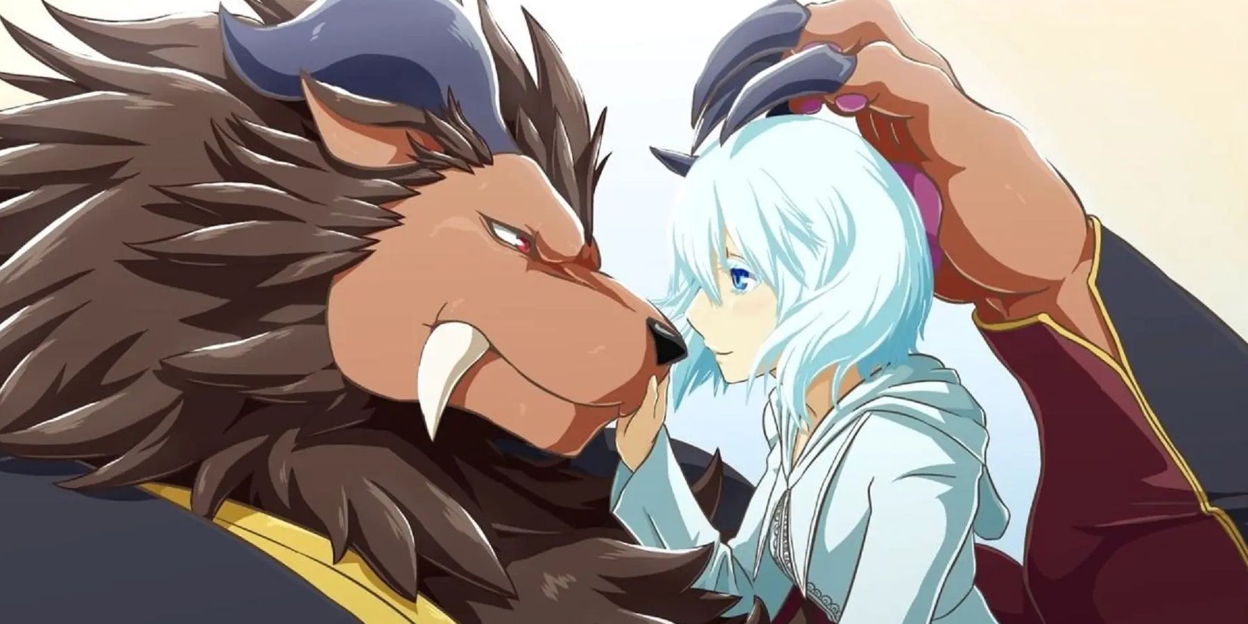 An anime lion and white haired girl