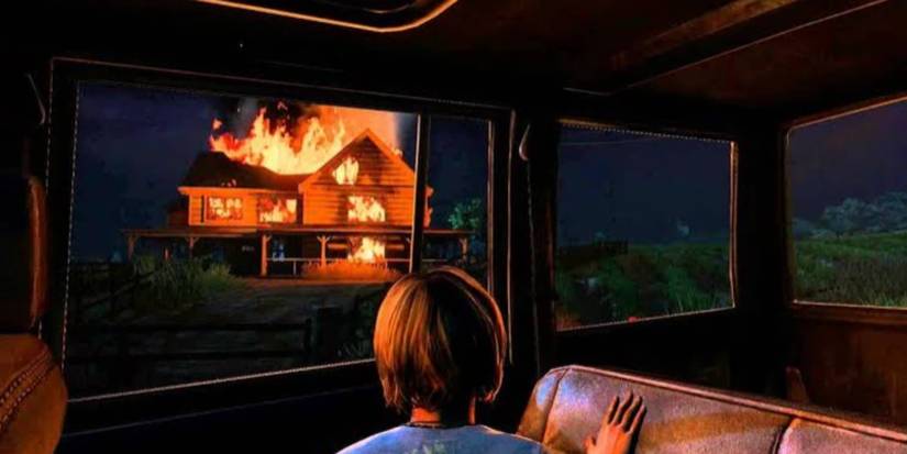 sarah in joel and tommy's car looking at louis' burning farm