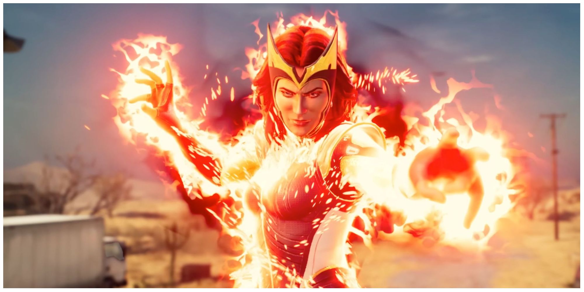 Scarlet Witch in flames in Midnight Suns