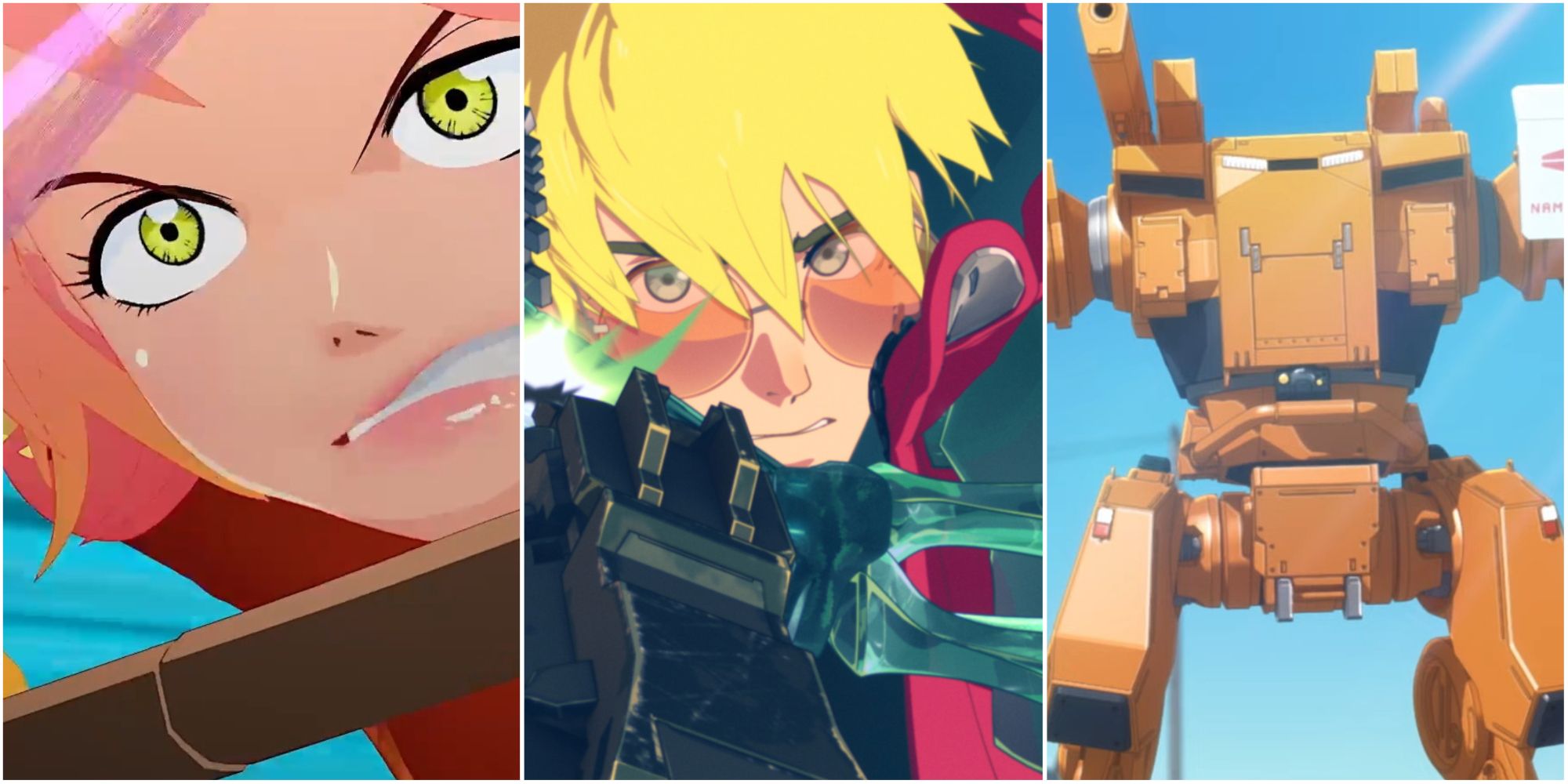 Three way split grid of characters from FLCL Grunge, Trigun Stampede, and Bullbusters