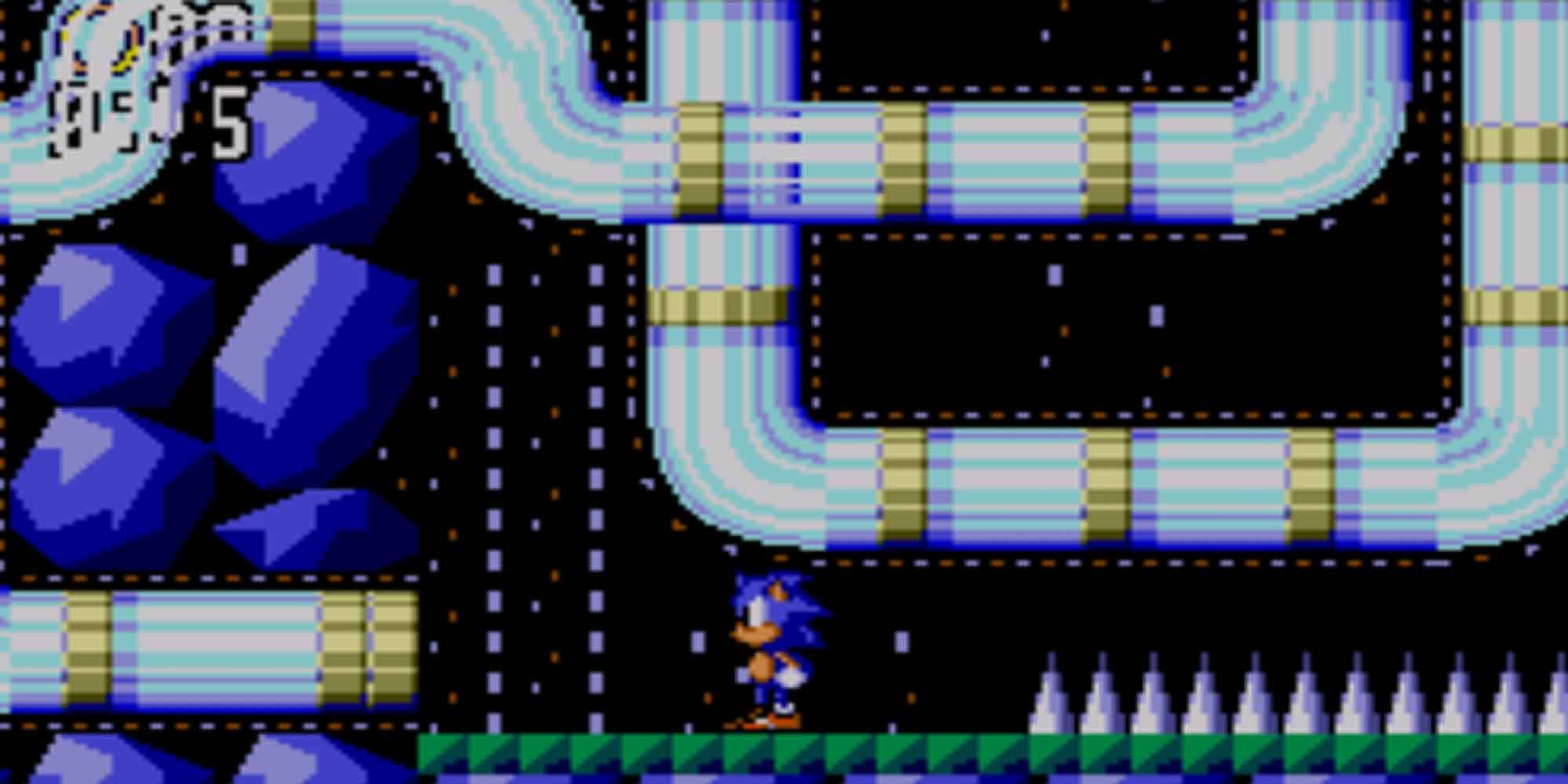 Sonic about to enter a warp tube in the Scrambled Egg Zone