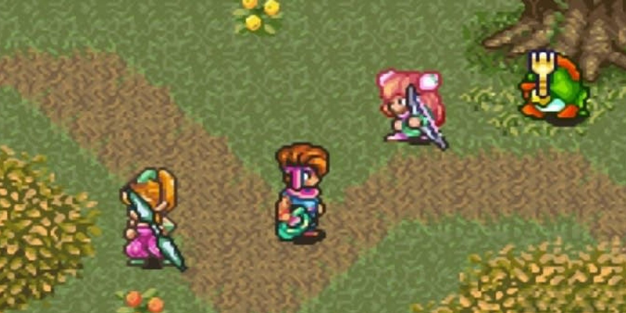 A party of characters in a field in Secret of Mana