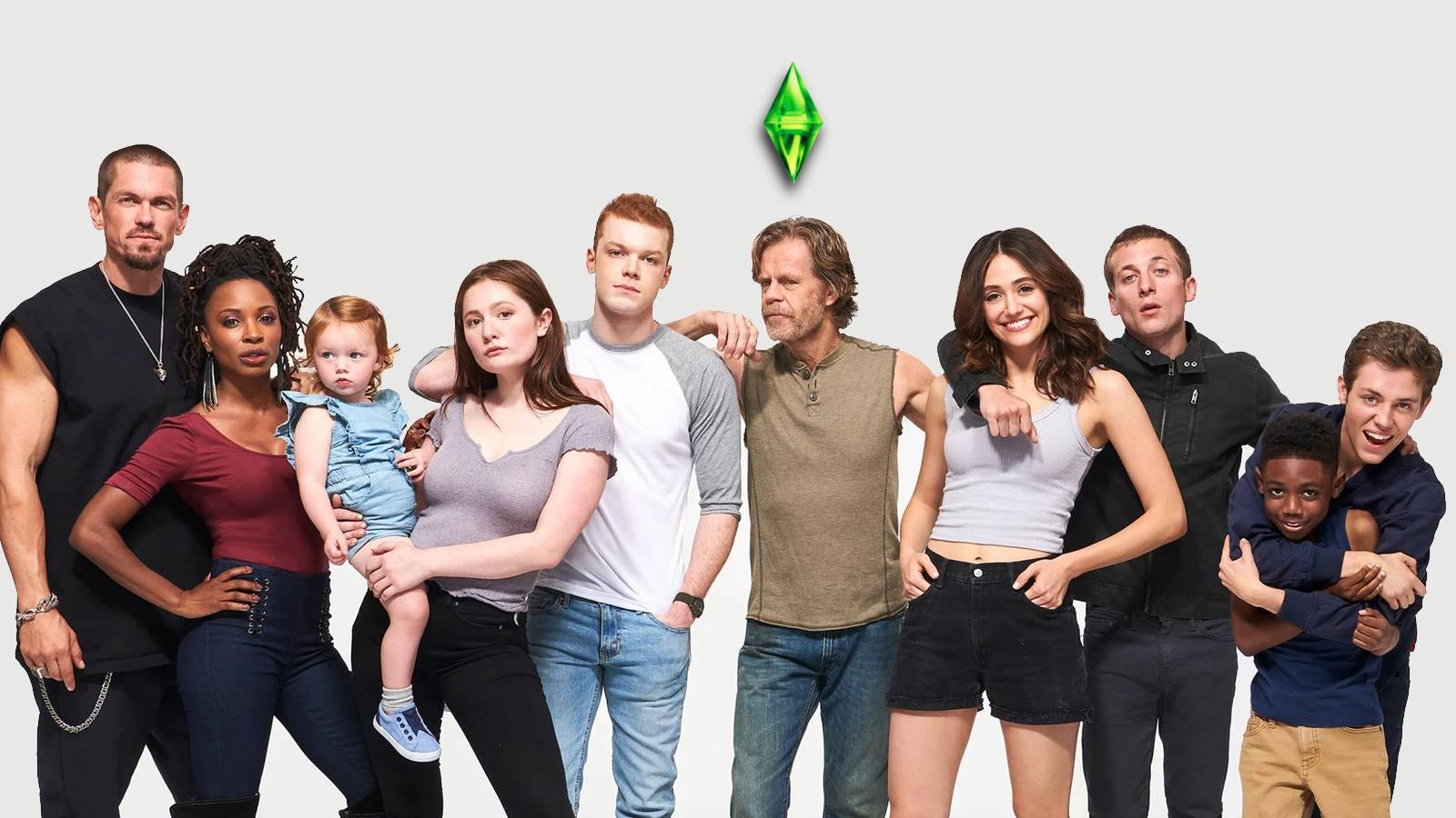Cast photo from Shameless with The Sims plumbob over Frank