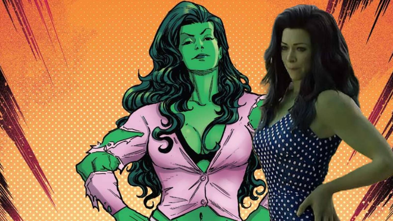Marvel comics She-Hulk posing with MCU cutout
