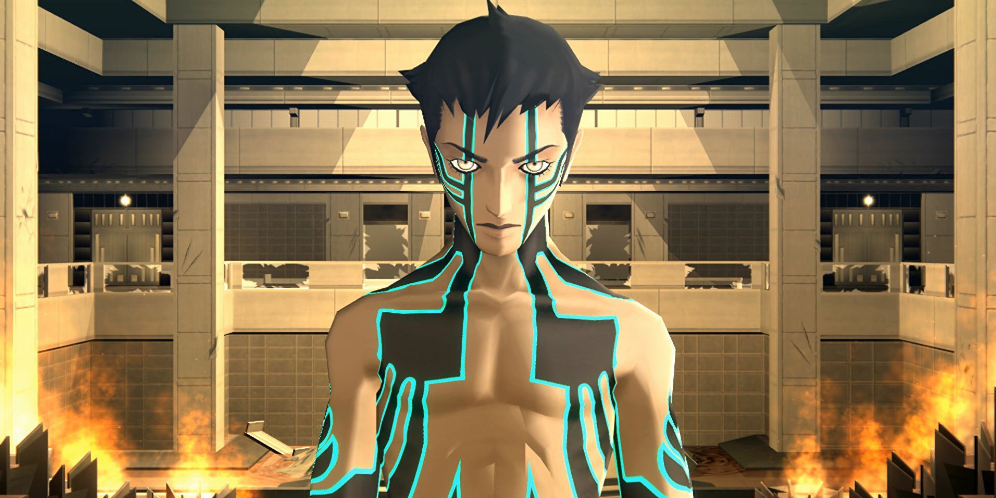 A character staring at the player with fire behind him in Shin Megami Tensei 3: Nocturne