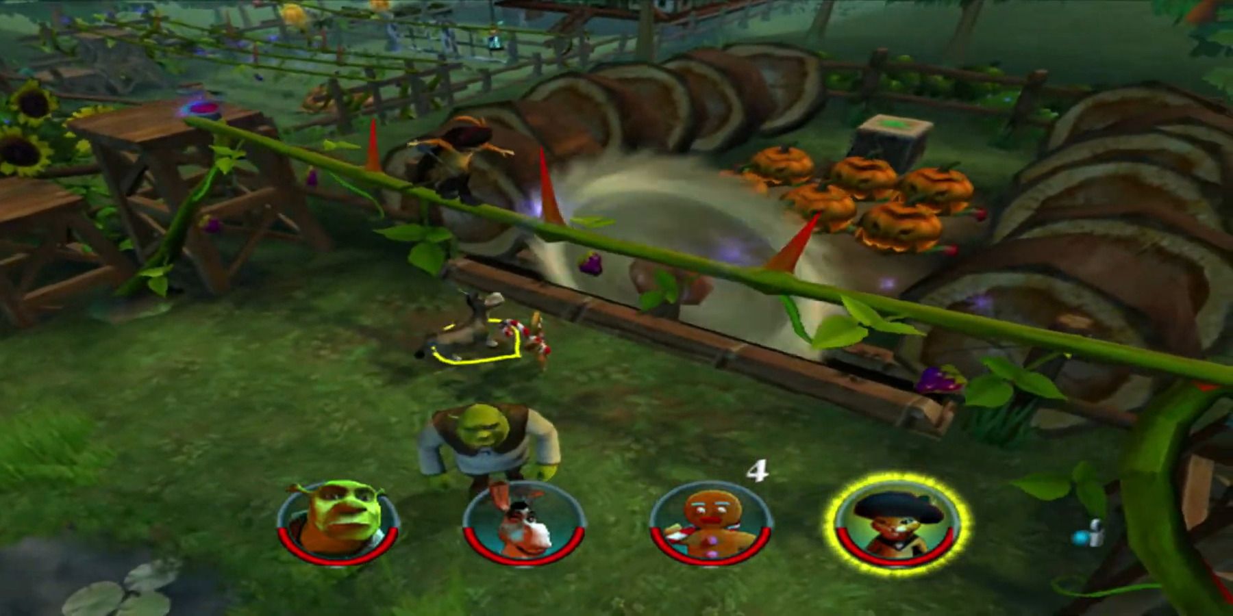 A screenshot of Shrek 2 with characters Donkey, Gingerbread Man and Puss In Boots