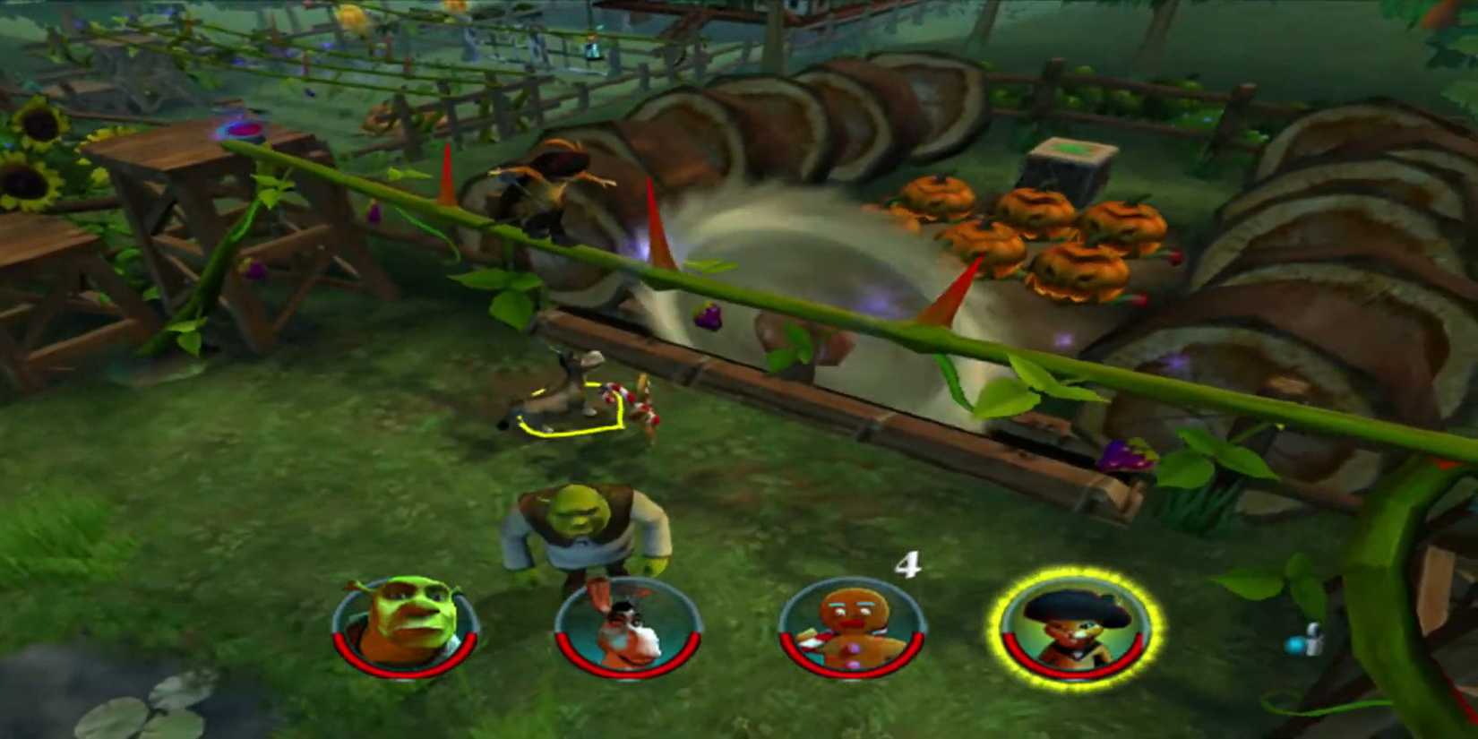 A screenshot of Shrek 2 featuring the characters Donkey, Gingerbread Man and Puss In Boots