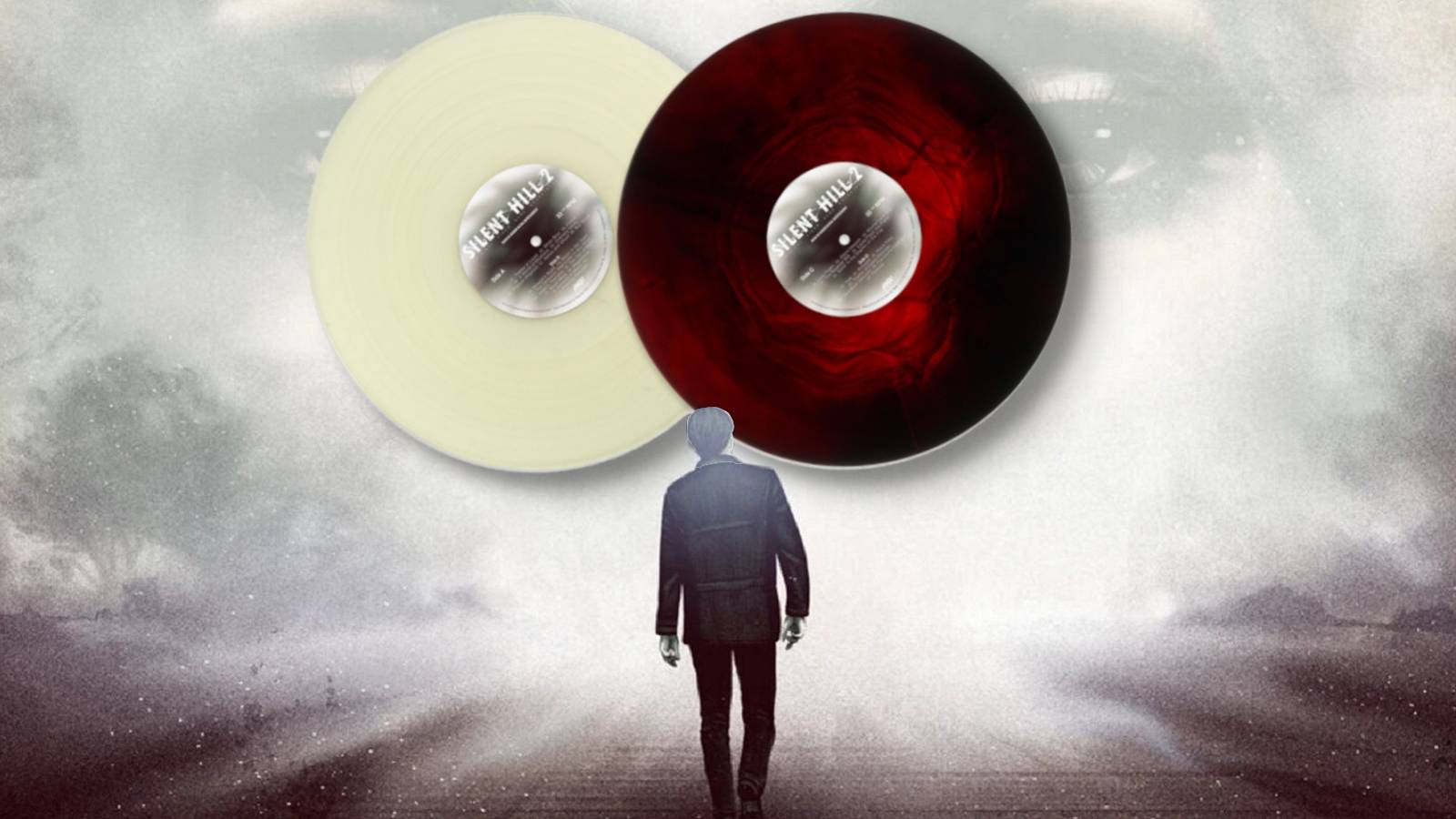 Image showing two Silent Hill 2 vinyl records with James Sunderland looking up at them.