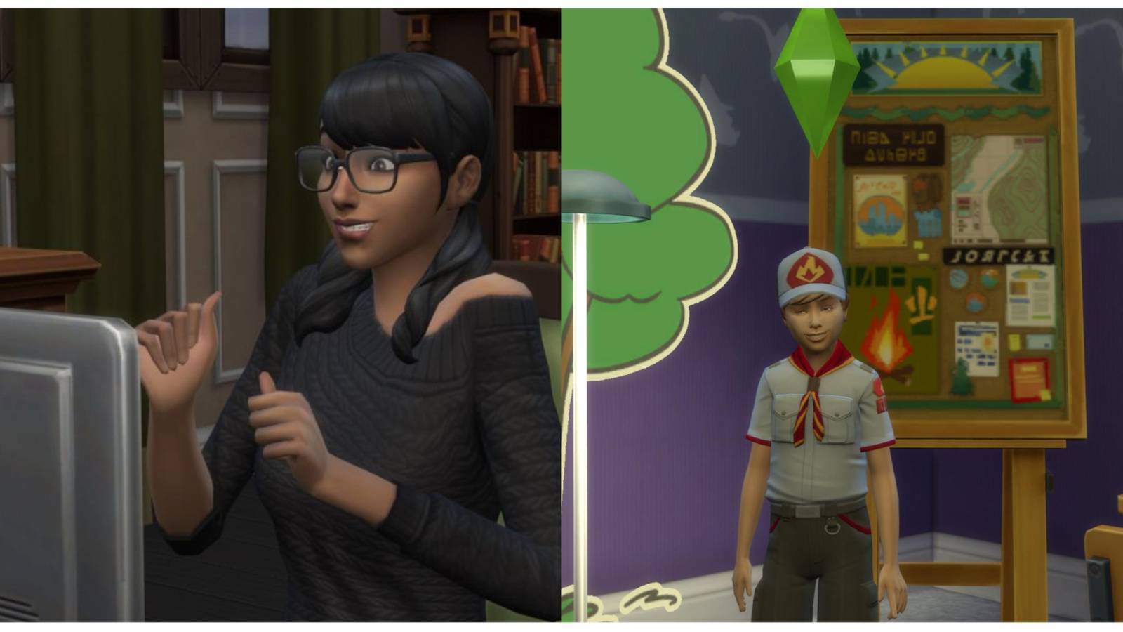split image of a Sim programming and a Sim as a Scout in The Sims 4