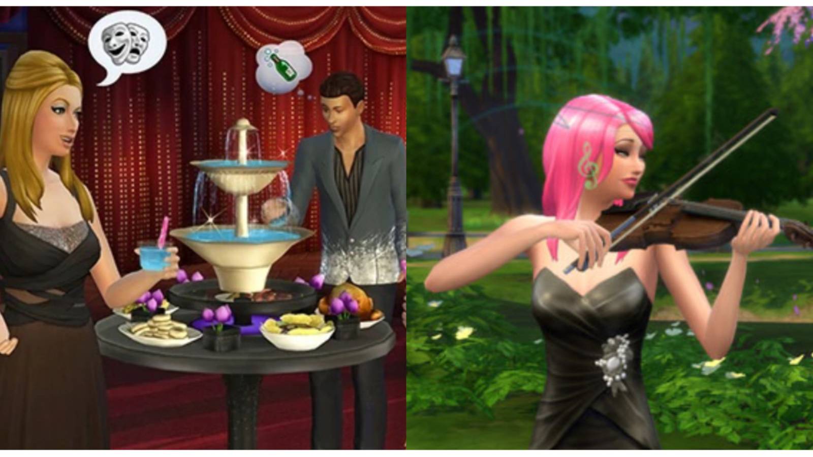 split image of a fancy part and a Sim playing violin in the park in The Sims 4