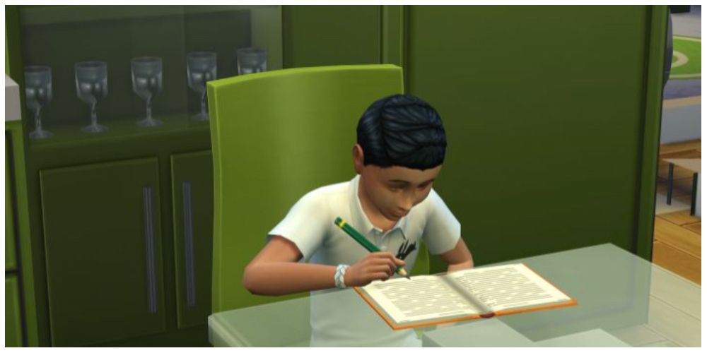 a Sim child doing homework in The Sims 4