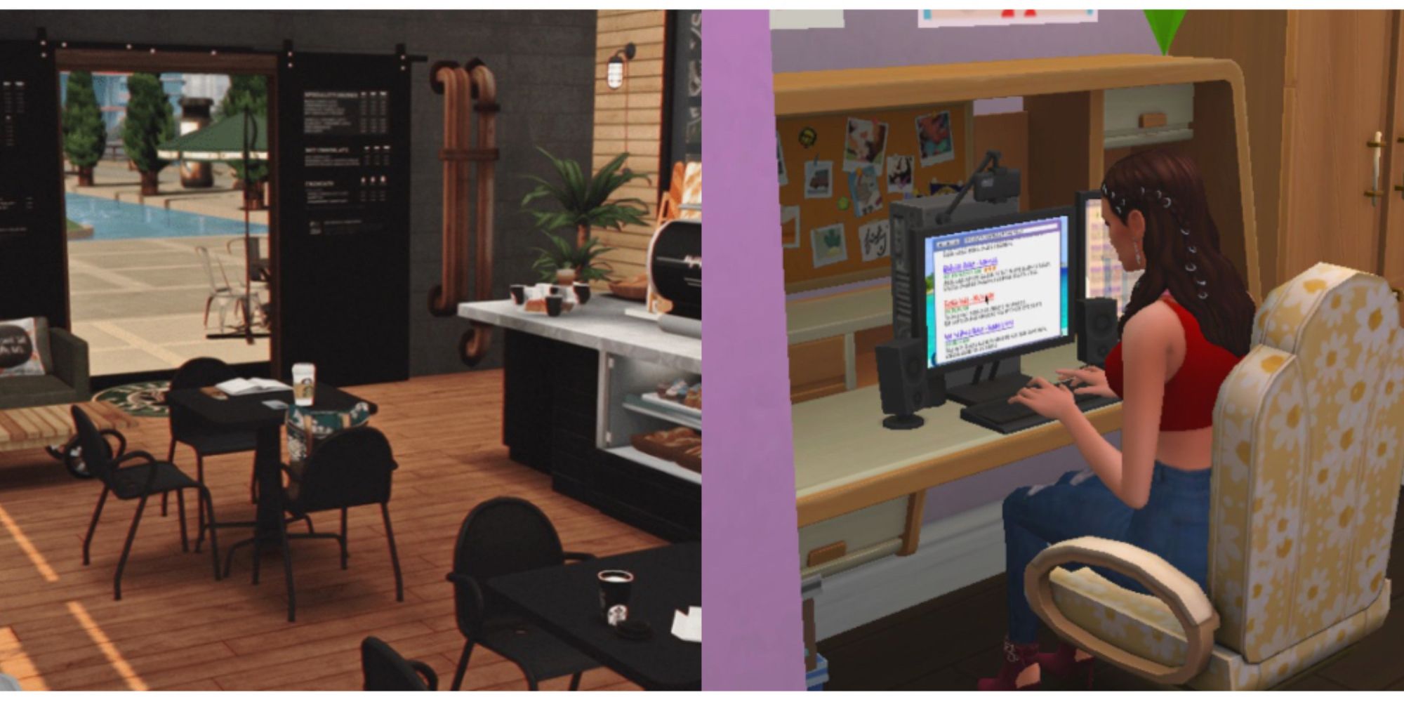 split image of a coffee shop and a Simfluencer in The Sims 4