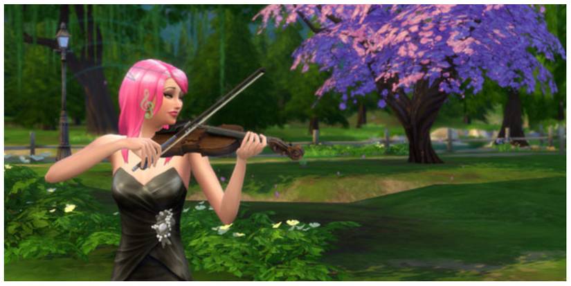 a Sim playing the violin in the park in The Sims 4