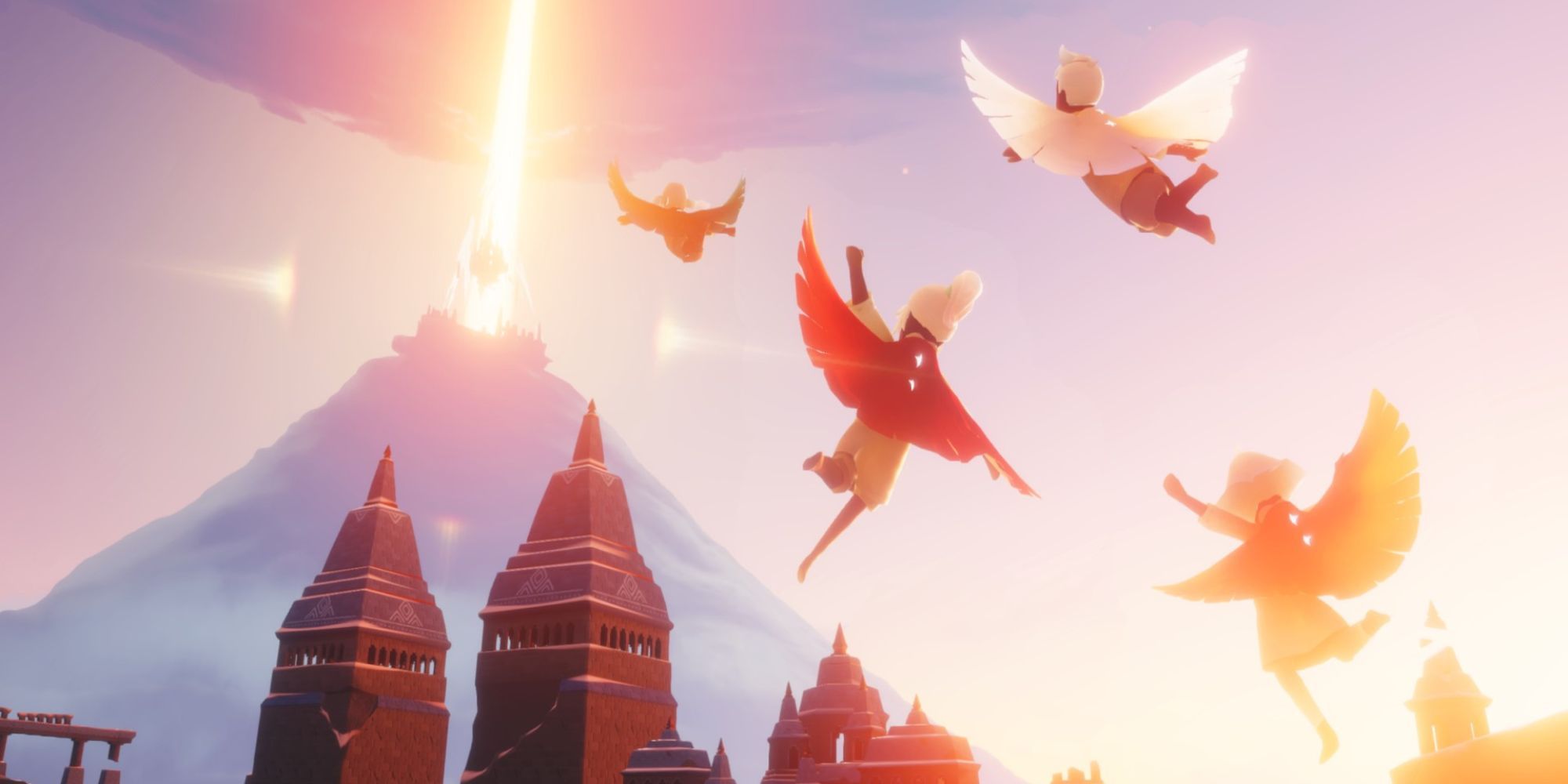 Four players flying towards a beacon of light in Sky: Children of The Light