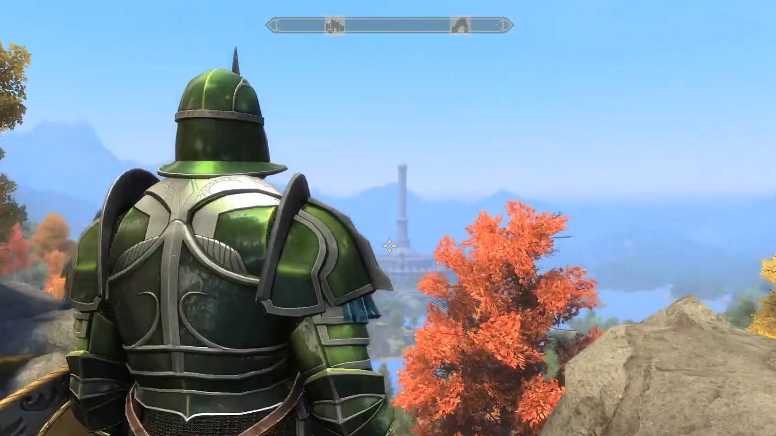 Image from Oblivion mod Skyblivion showing the player looking to the Imperial City in the distance.