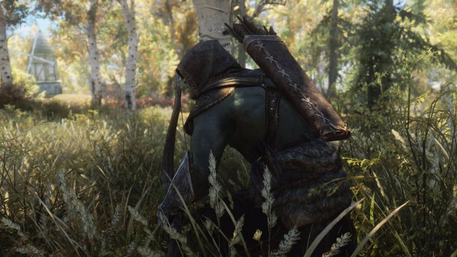 Screenshot of a Skyrim archer crouching in tall grass