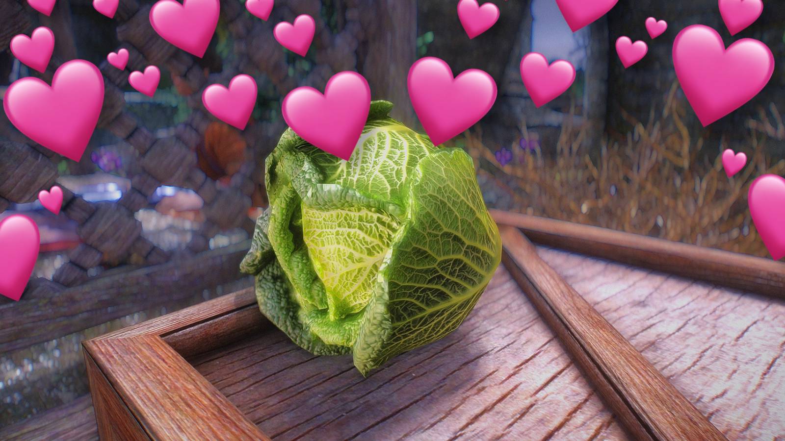 Close-up image of a detailed Skyrim cabbage with hearts all around it.