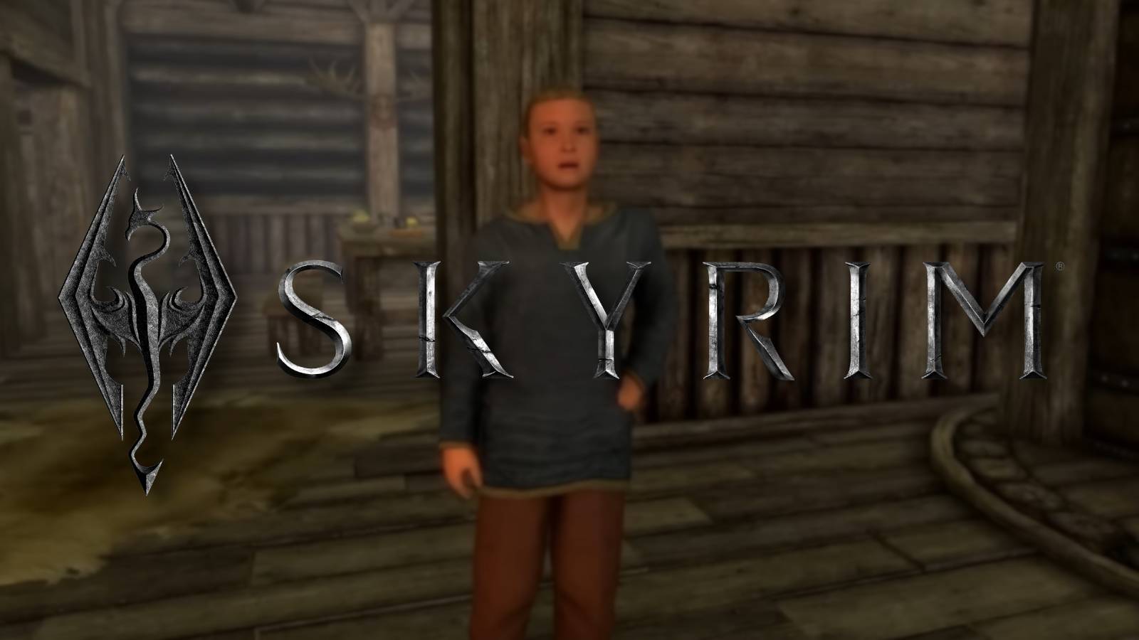 The Skyrim logo in the foreground with an orphaned child in the background.