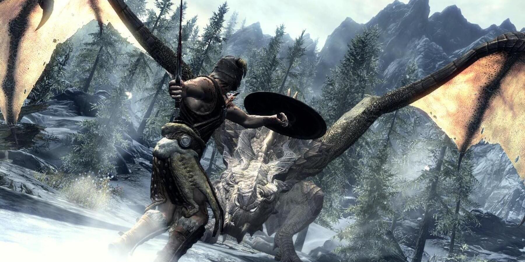 skyrim character with sword and shield fighting against a dragon