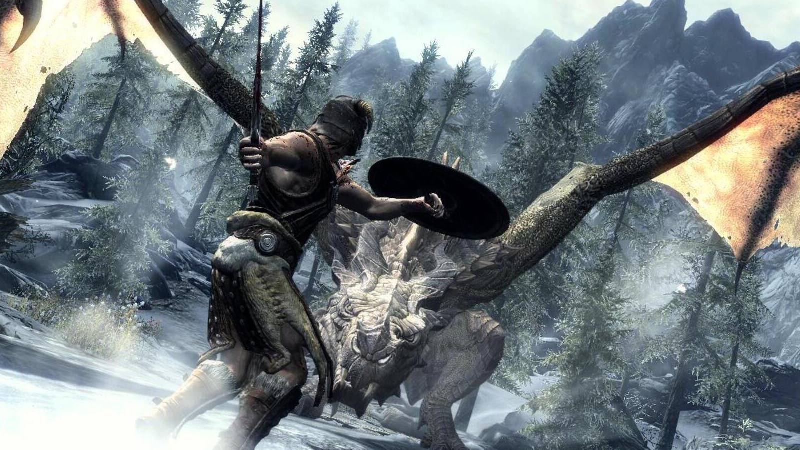 skyrim character with sword and shield fighting against a dragon