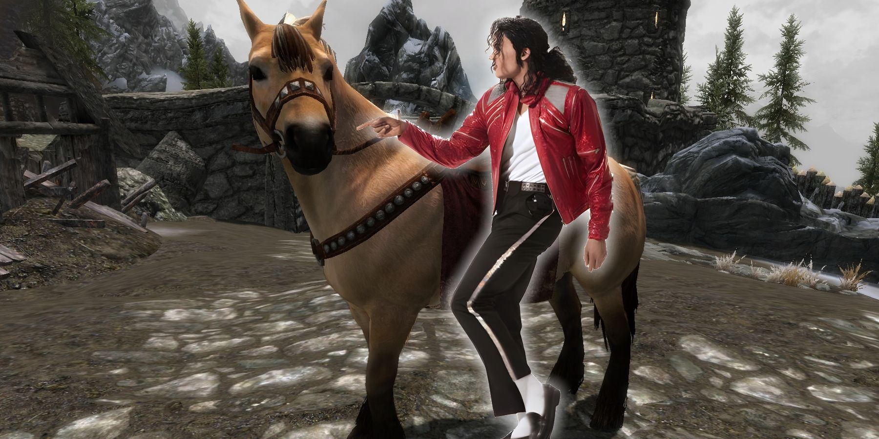 A screenshot of a horse from Skyrim with Michael Jackson pointed at it