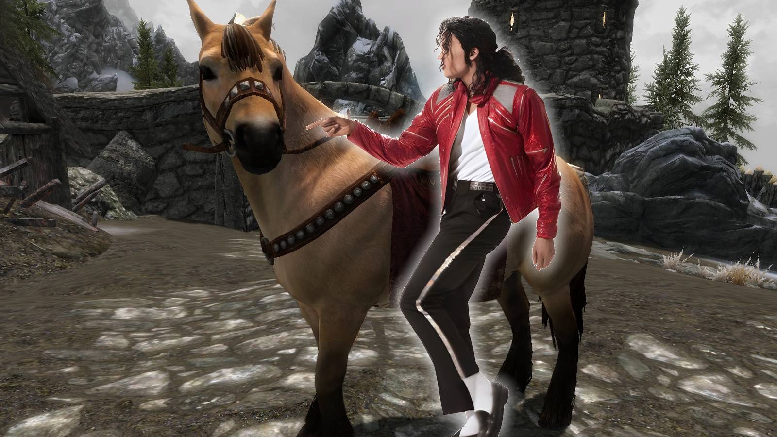 A screenshot of a horse from Skyrim with Michael Jackson pointing at it