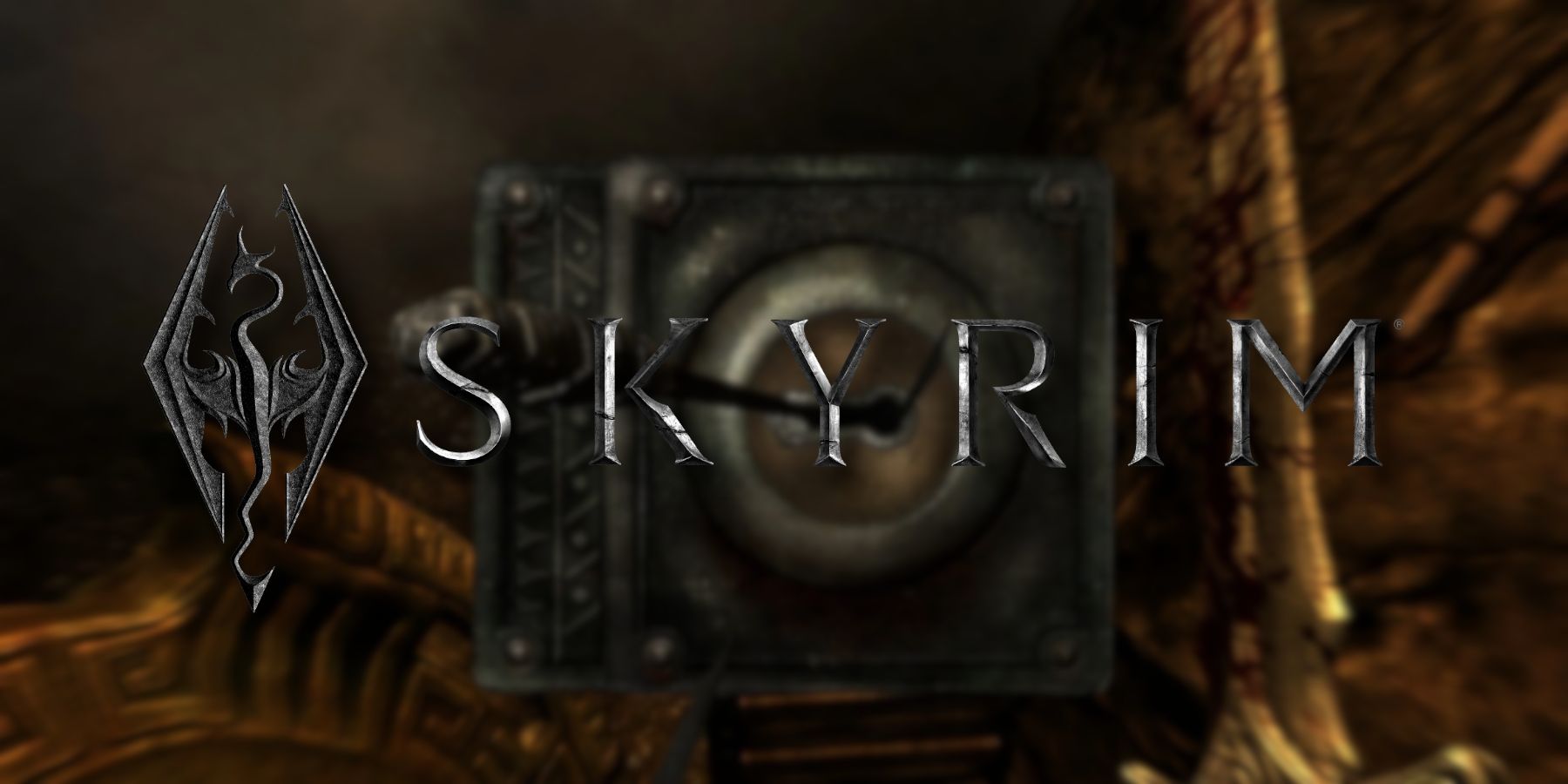 The Skyrim logo with the lockpicking screen in the background.