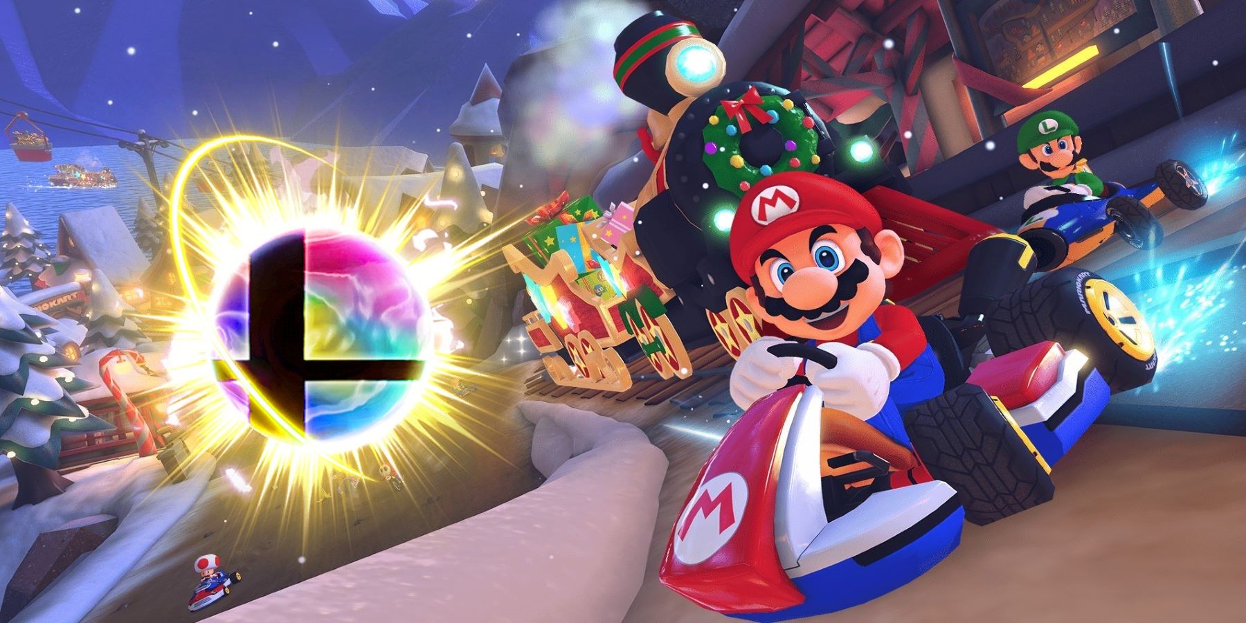 Mario Kart 6 Deluxe Booster Course Pass DLC footage with a Super Smash Bros Ultimate Final Smash Ball