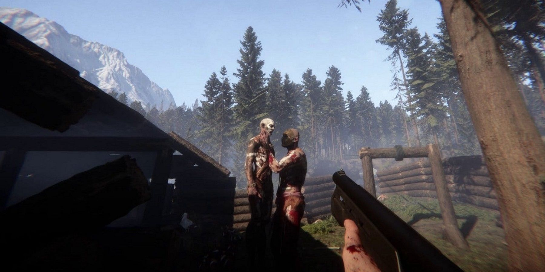 Image from Sons of the Forest showing one mutant lifting up another while the player holds a shotgun to them both.