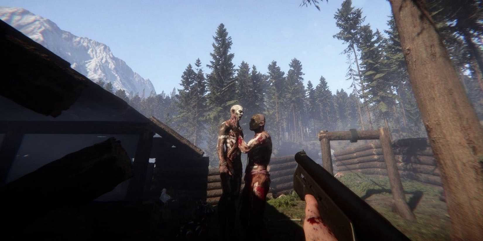 Image from Sons of the Forest showing one mutant lifting up another while the player holds a shotgun to them both.