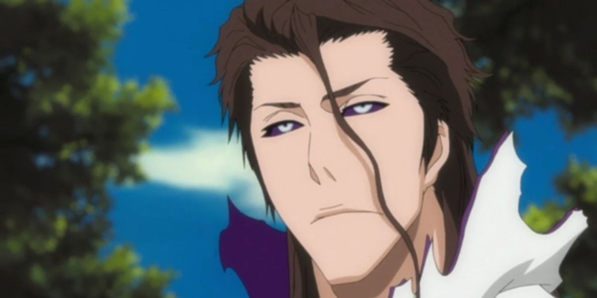 Sosuke Aizen from the anime Bleach with a strand of hair on his face