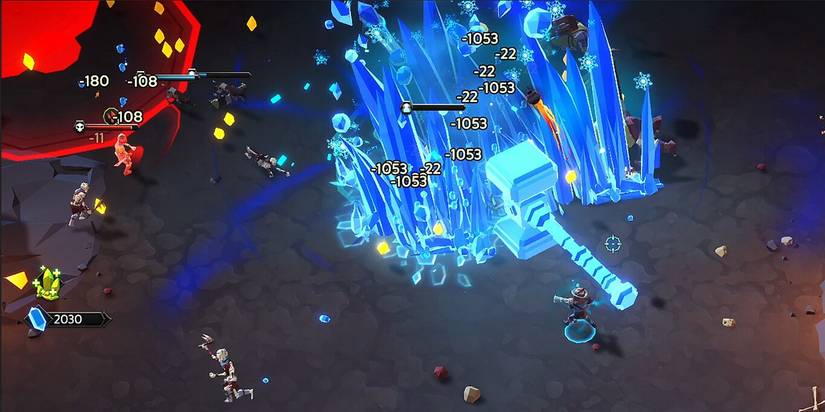 soulstone survivors player dropping an aoe attack shaped like hammers Cropped