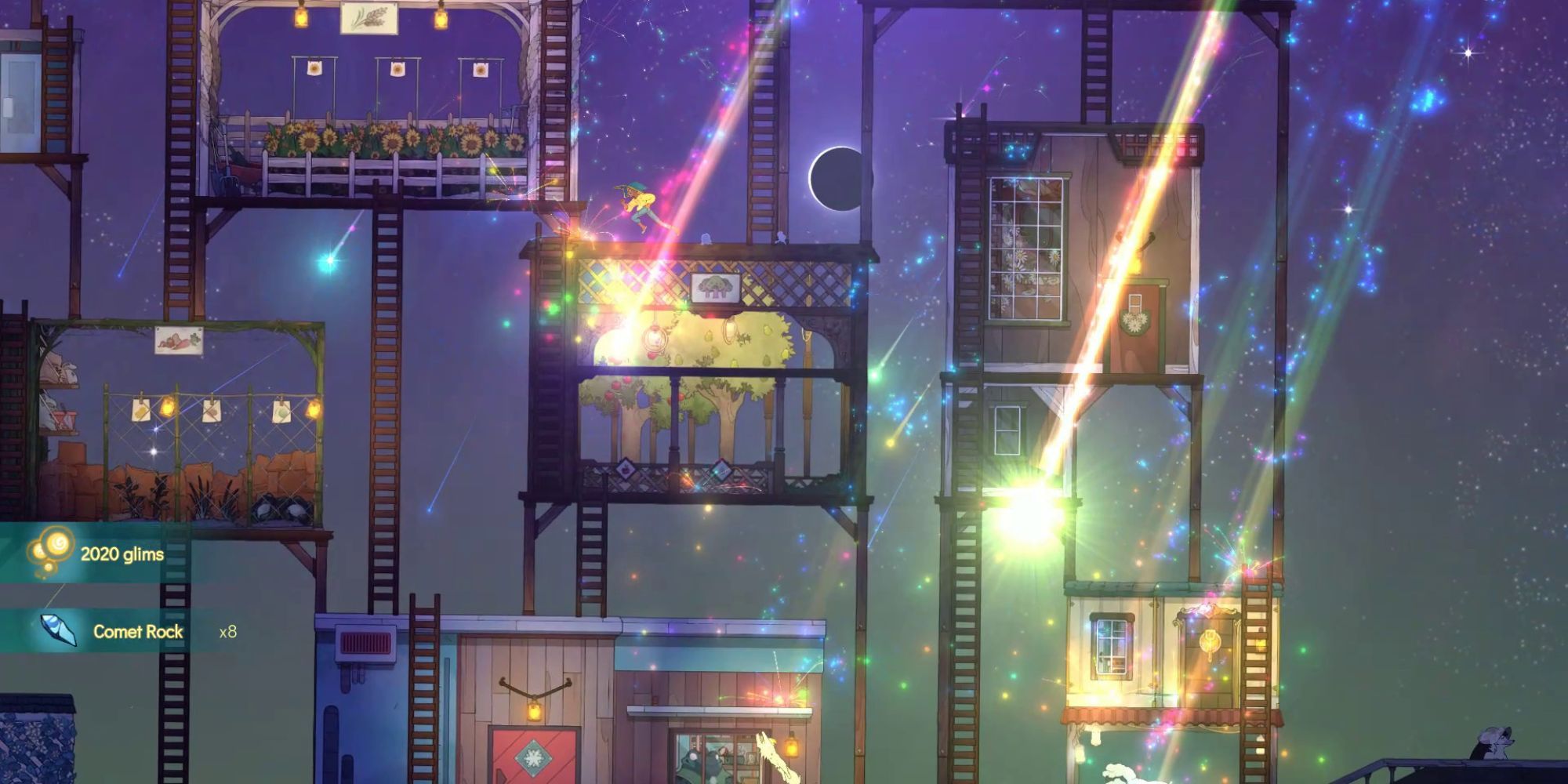 Player running across a roof catching shooting lights in Spiritfarer
