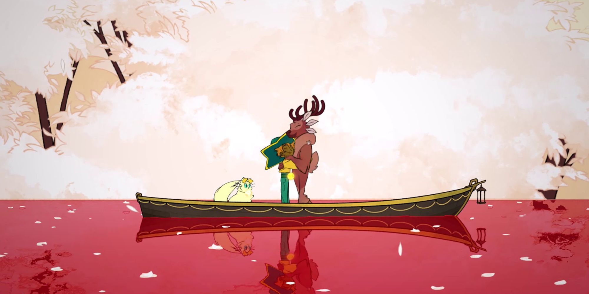 El jugador abrazando a un espíritu en un barco en Spiritfarer.