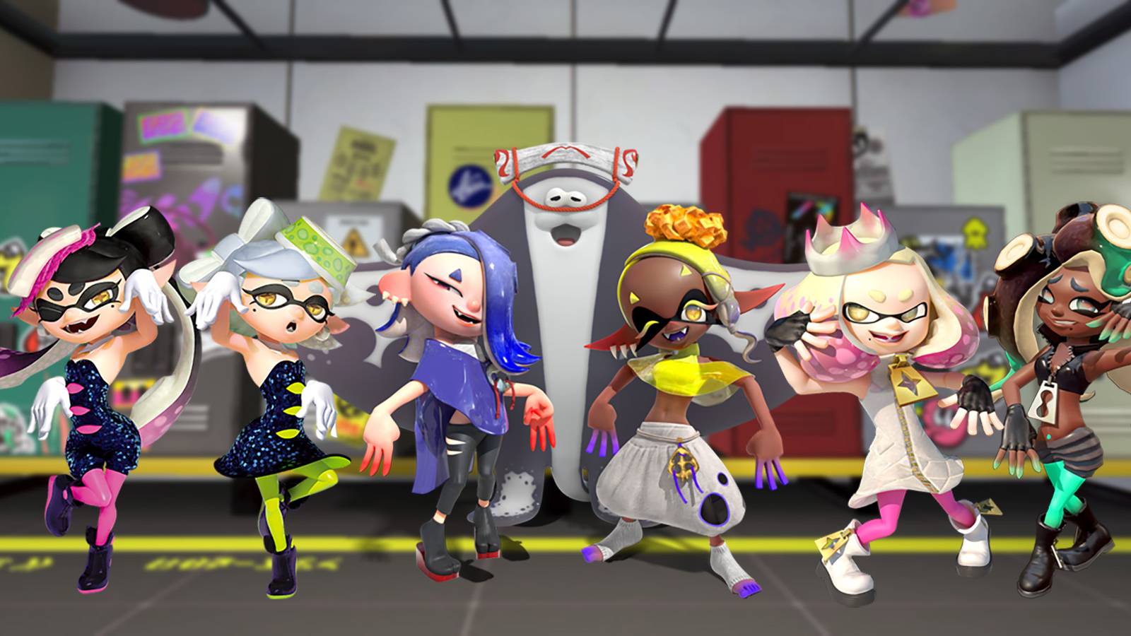 the squid sisters, off the hook, and deep cut bands from splatoon standing in the splatoon 3 locker room