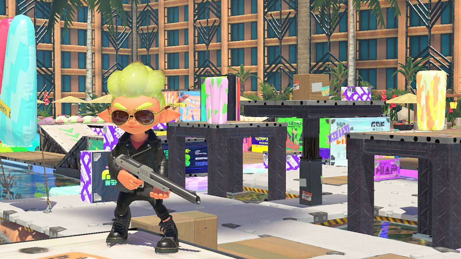splatoon 3 screenshot of an inkling standing in mahi mahi resort