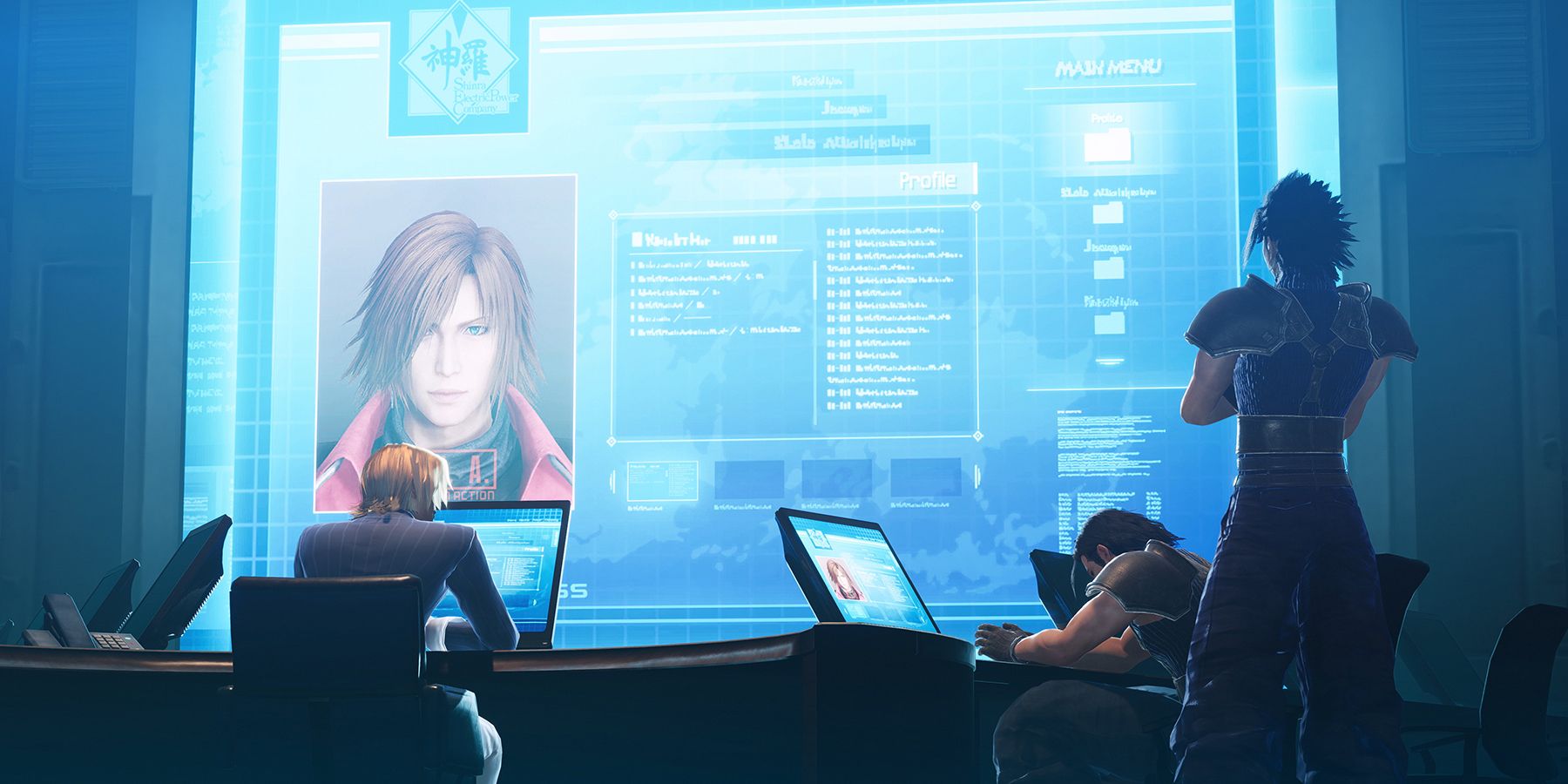 final fantasy 7 crisis core reunion characters at computers with big screen