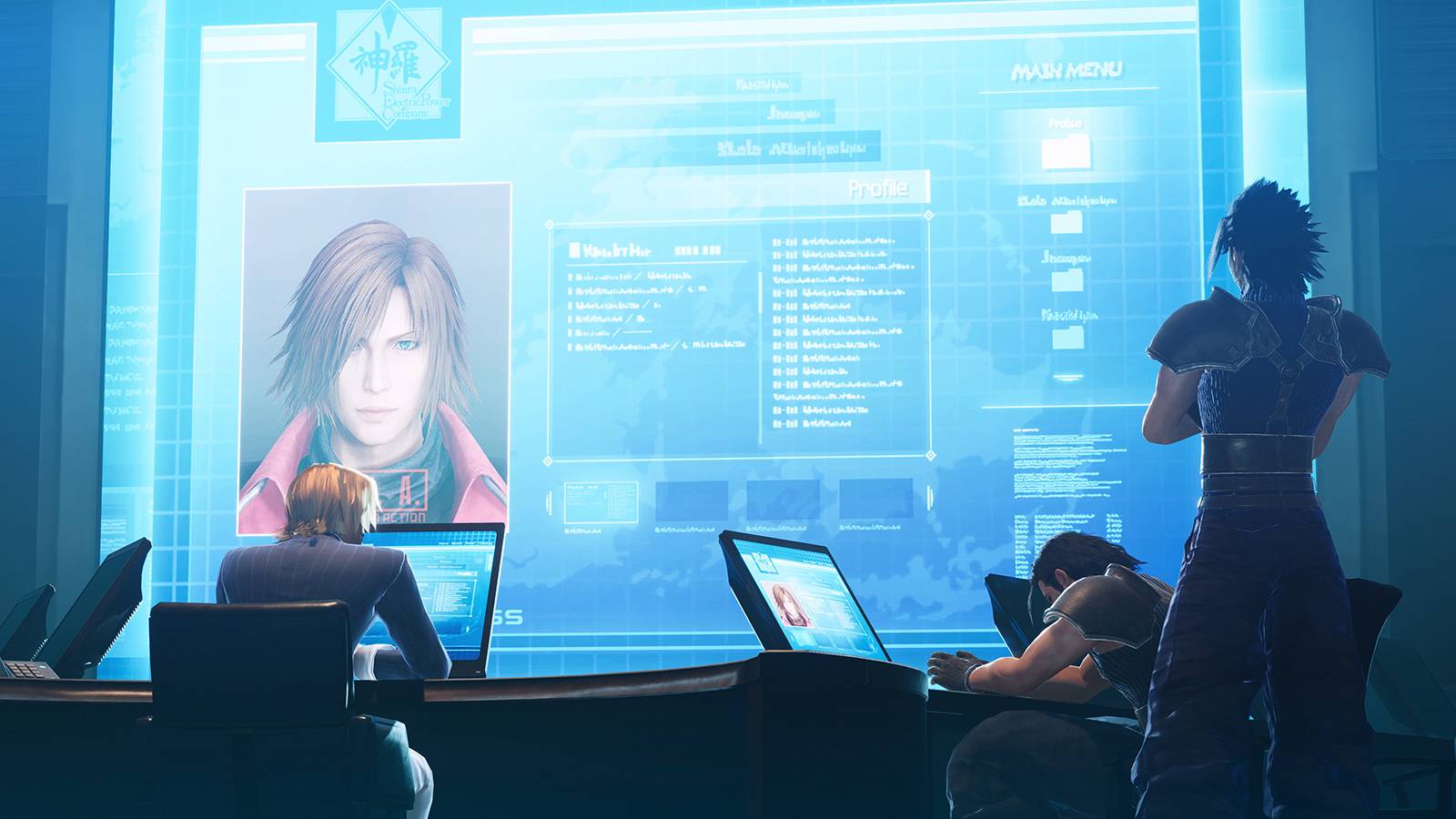 final fantasy 7 crisis core reunion characters at computers with big screen