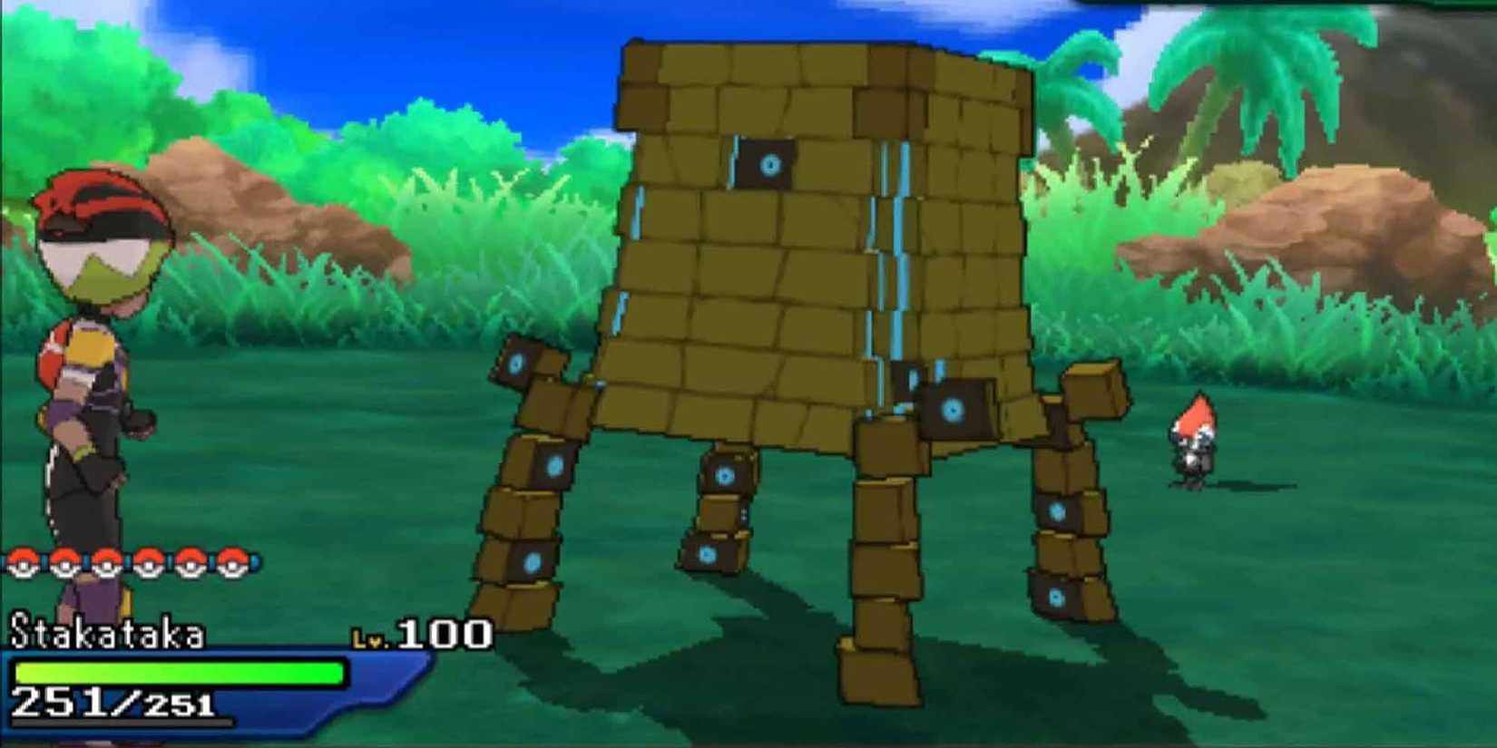 shiny Stakataka fighting a trainer in a grassland