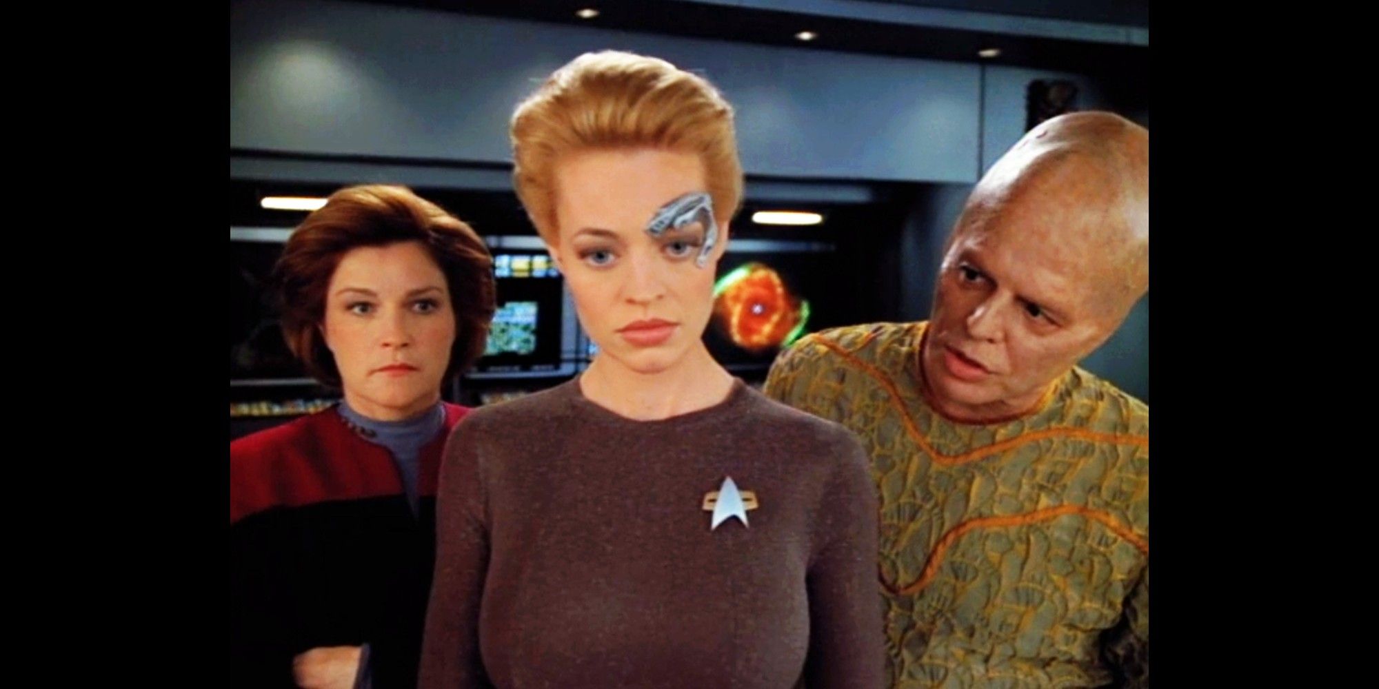 Janeway, Seven and an alien look at propulsion schematics