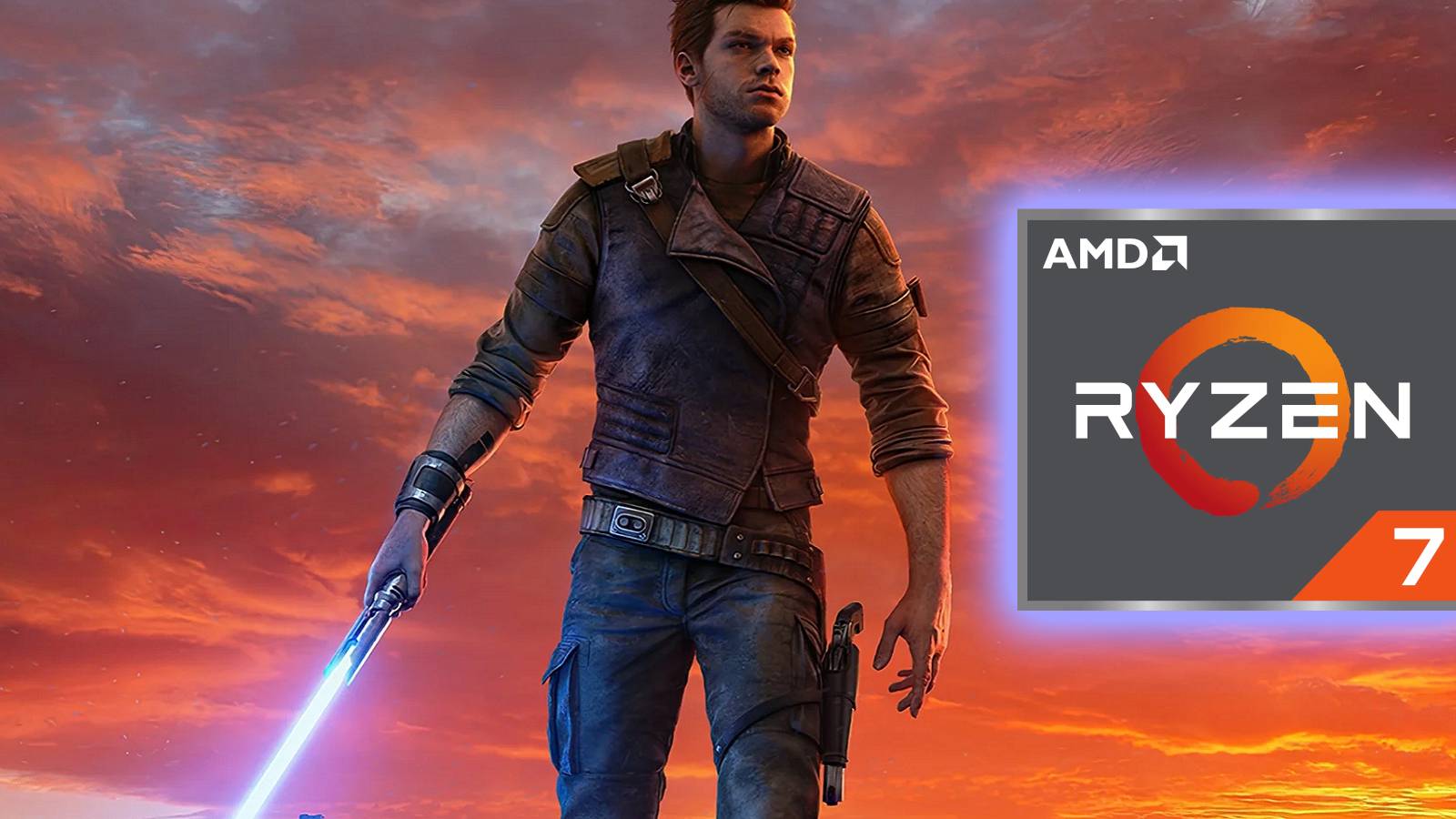 Image from Star Wars Jedi: Survivor showing Cal Kestis next to the AMD Ryzen 7 logo.