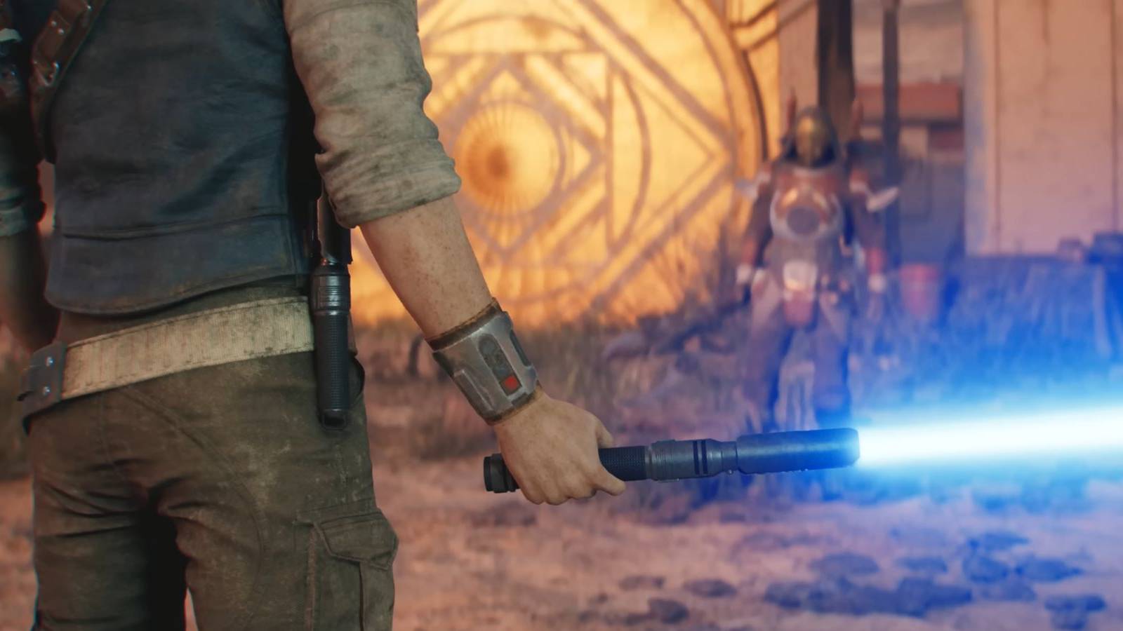 cal kestis lower mid turso with lightsaber in focus against a blurred enemy