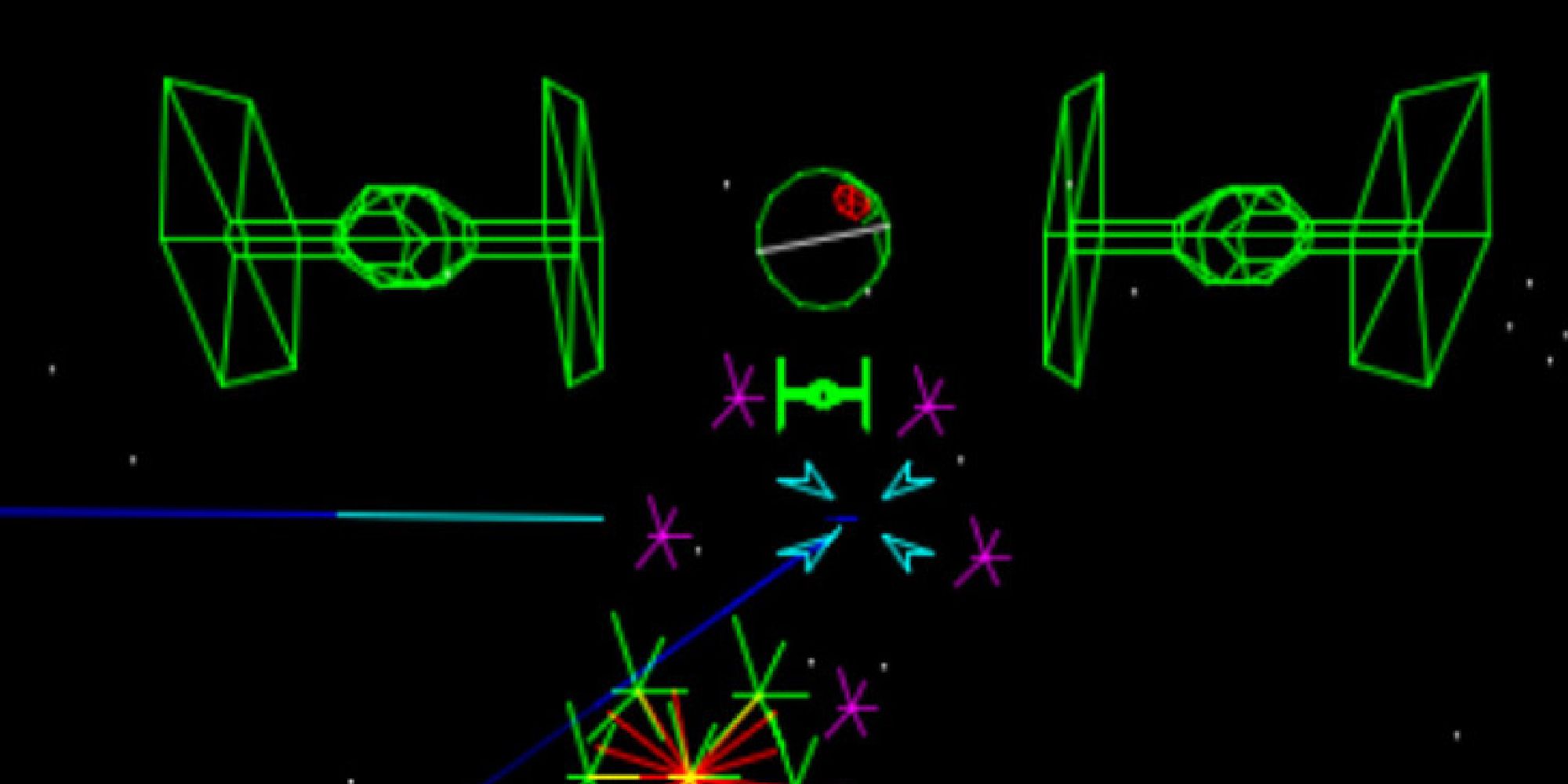 TIE Fighters targeting an X-wing in the Star Wars arcade game