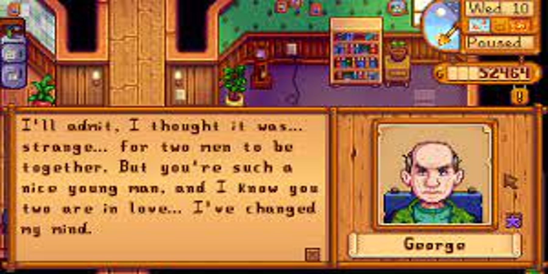 A screenshot of the NPC George accepting LGBTQIA+ relationships in Stardew valley.