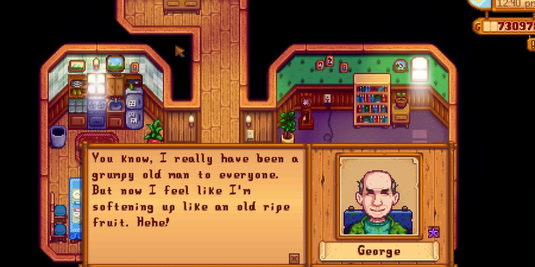 A screenshot of George discussing how he has grown to be able to trust and befriend more people in Stardew Valley