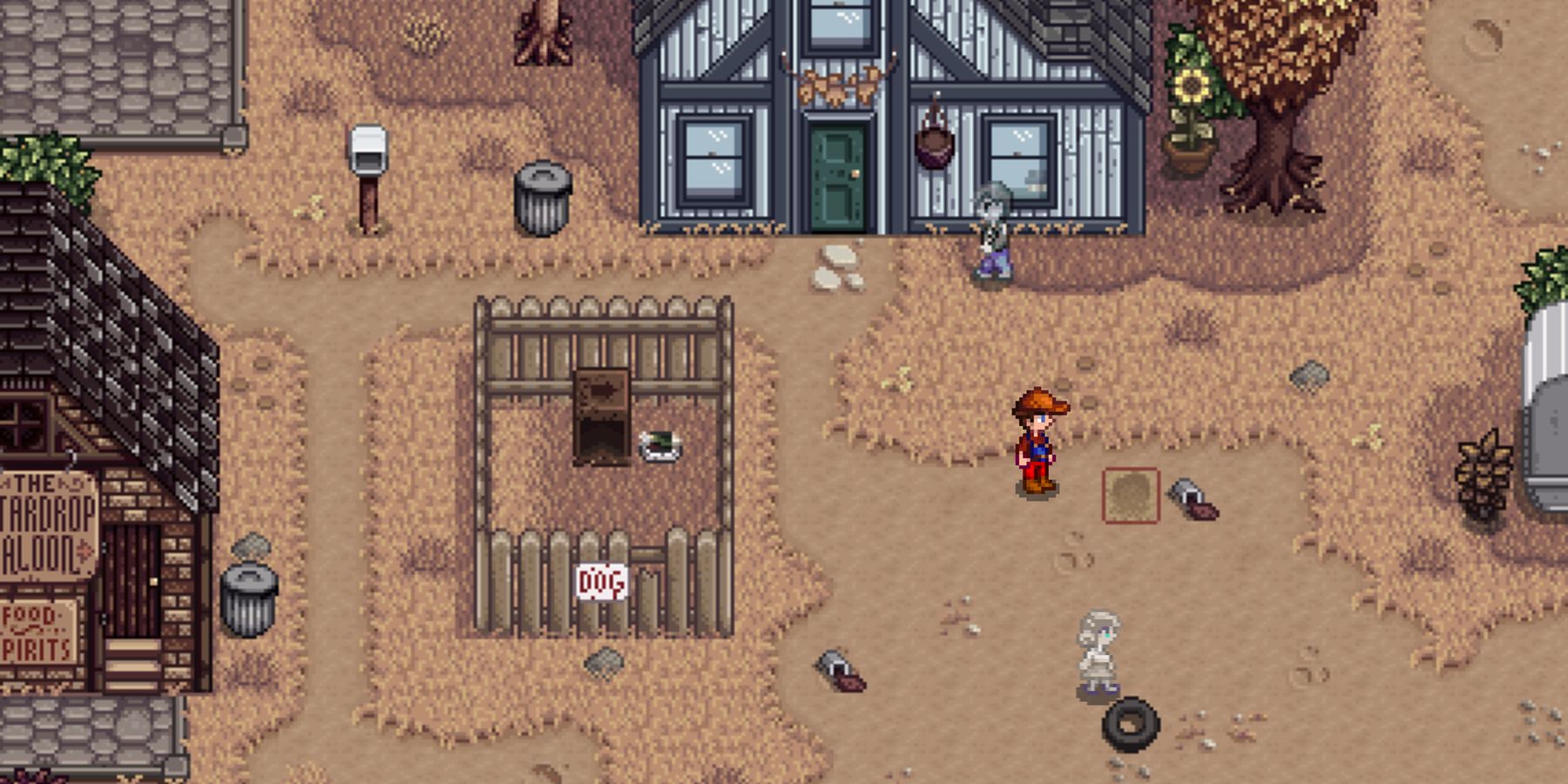 Screenshot showing ghosts of NPCs walking around in Stardew Valley Ghost Town Mod