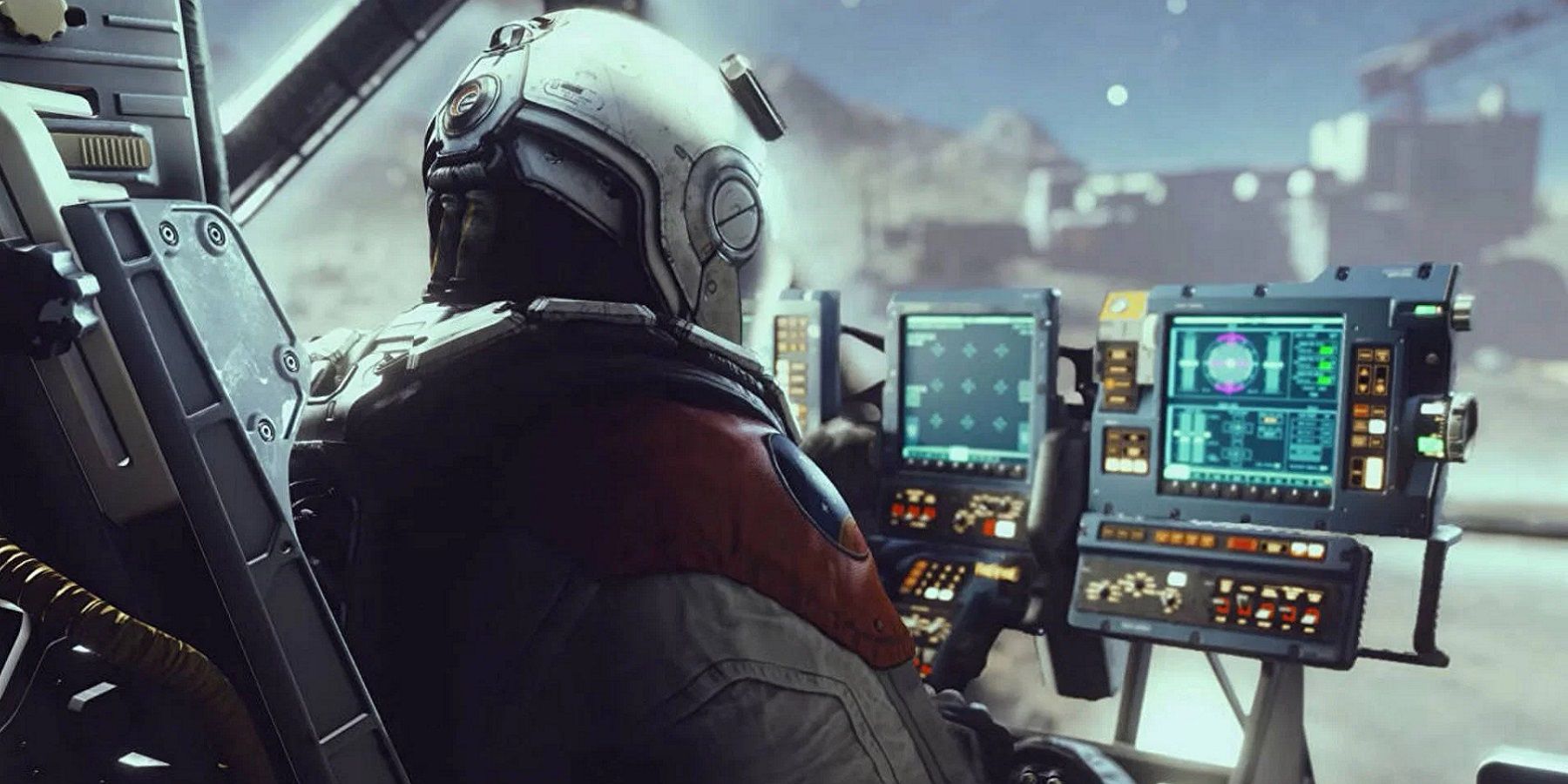 Image from Starfield showing a pilot inside the cockpit of a space ship.