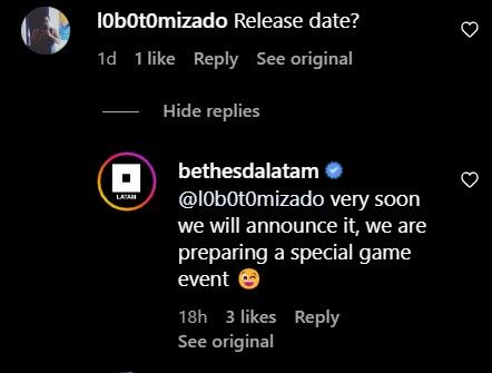 Screenshot from Instagram showing Bethesda replying to someone about the Starfield release date.