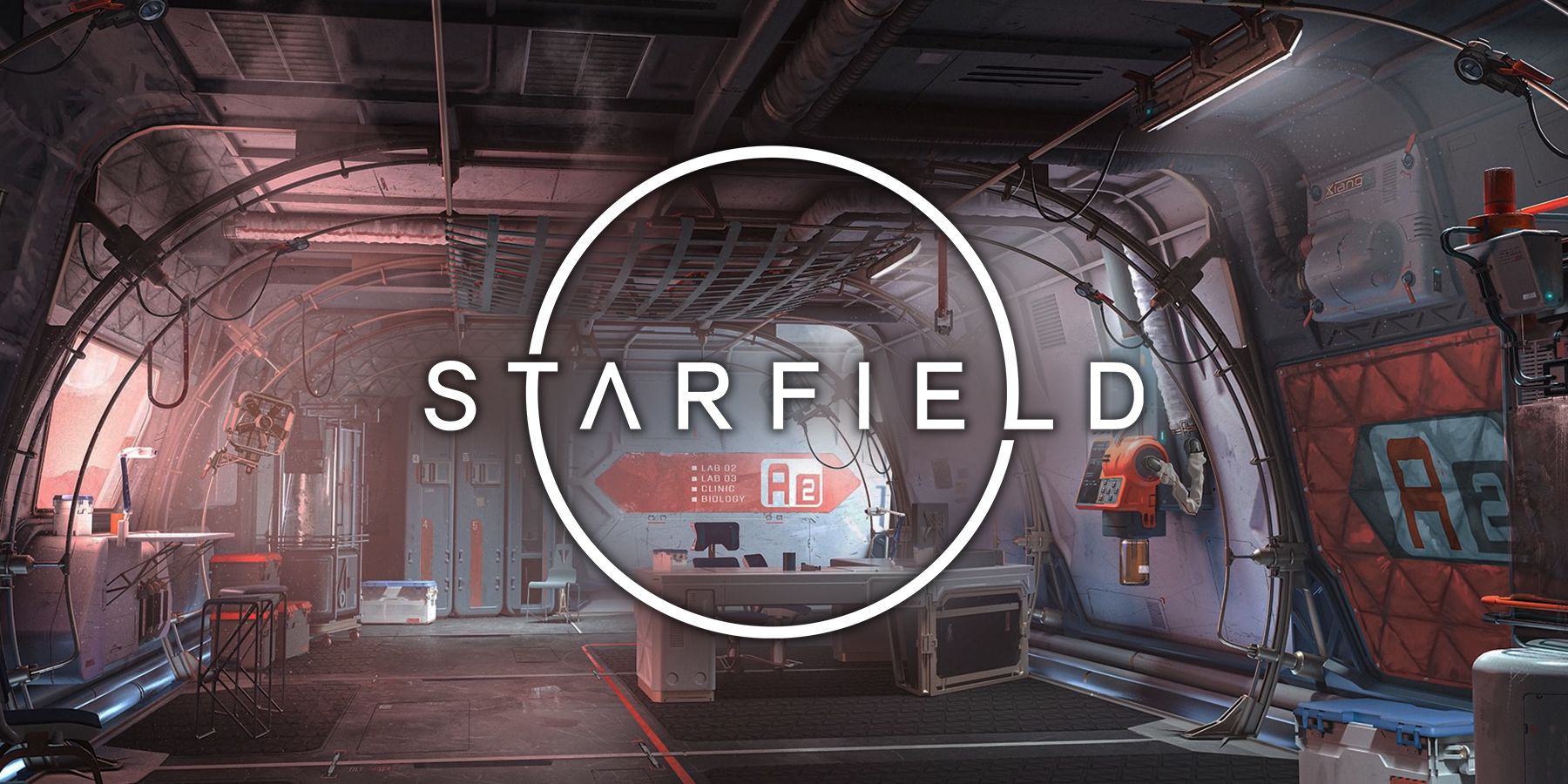 Starfield logo with concept art of a research station.